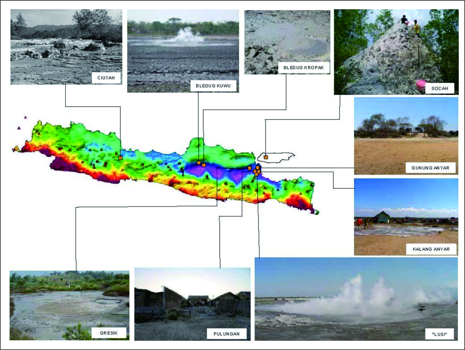 Gambar 8. Kondisi morfologi pada setiap lokasi mud volcano yang ada di Pulau Jawa dan Madura  (Sumber: Satyana & Asnidar, 2008).