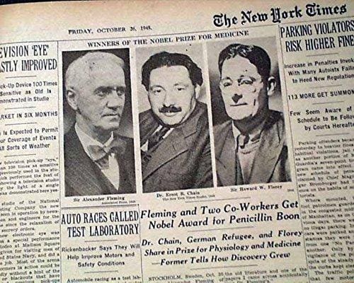 Koran penghargaan untuk Fleming, Chain dan Florey pada tahun 1945