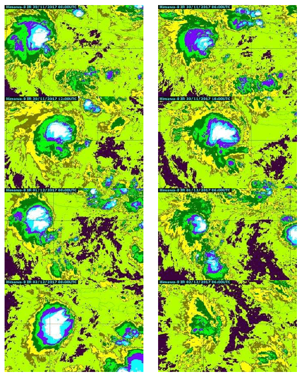 Citra EIR (Enhance Infrared) dari satelit Himawari-8 selama siklogenesis Dahlia